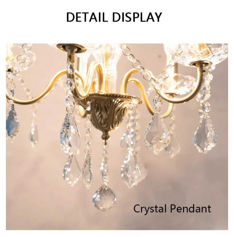 

French Retro Crystal E14 Pendant Lights Gold Luxury Villa Living Dining Room Candle Chandeliers Lighting Bedroom Lustre Lamps