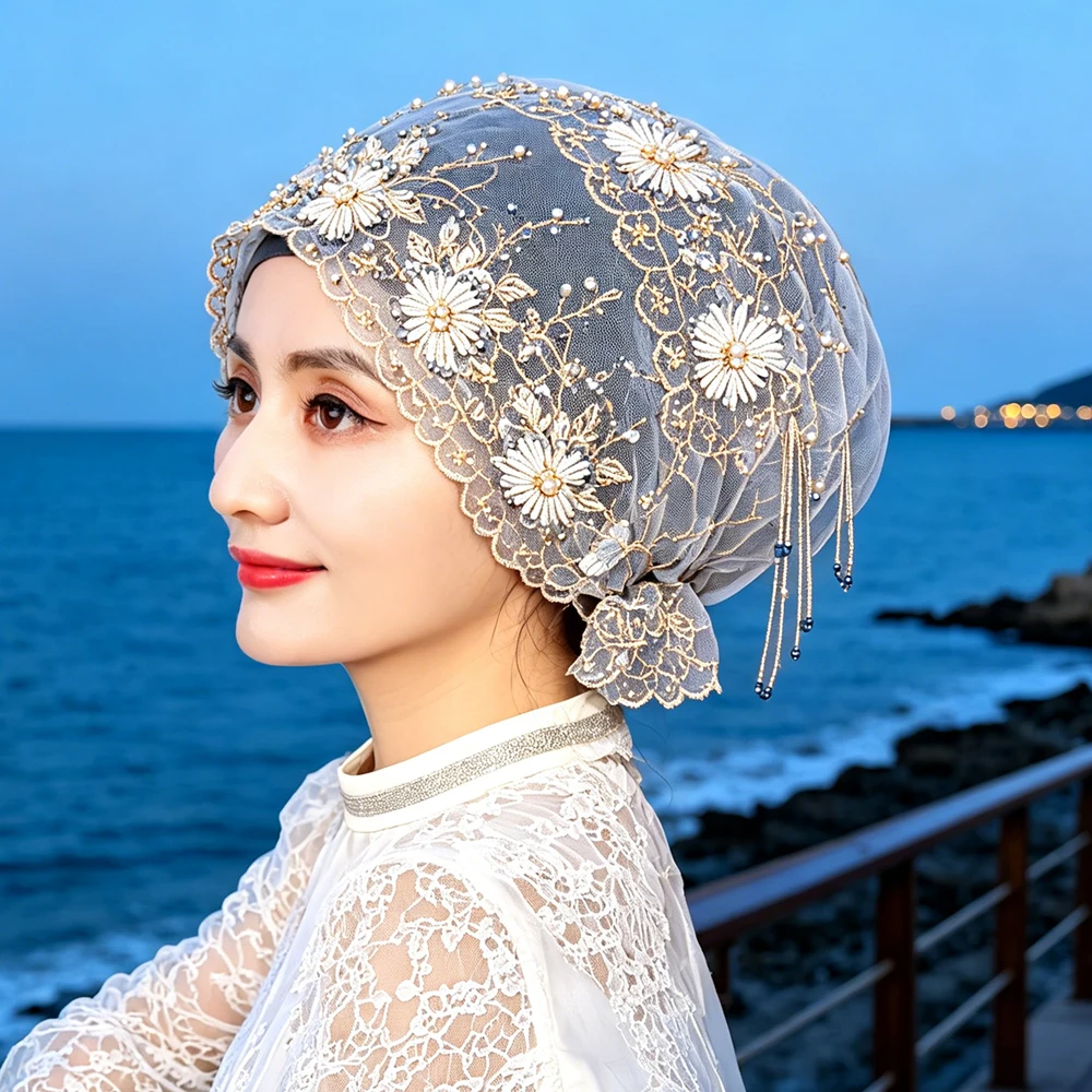 

Luxury Long Tassel Beads Beanie Muslim Hijab Bonnet Lace Hat Women Islam Turban Head Wrap Headscarf Wedding Cap Turbante Mujer