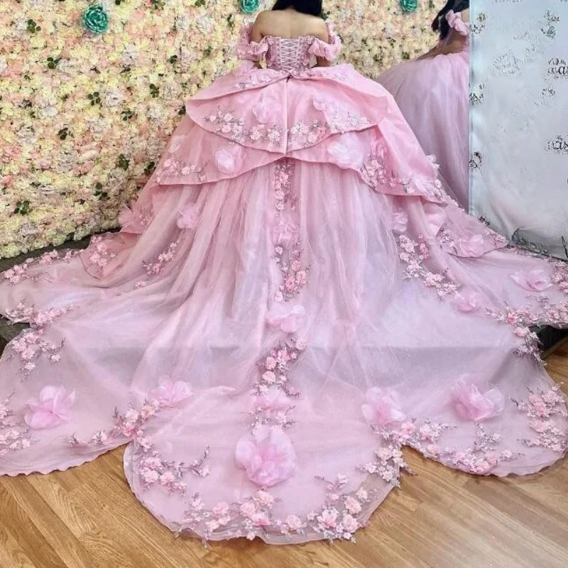 

Charming Luxury Pink Prom Dresses Ball Gown Cap Sleeve 3D Flower Applique Long Women Birthday Party Gown Quinceanera Dress 15 16