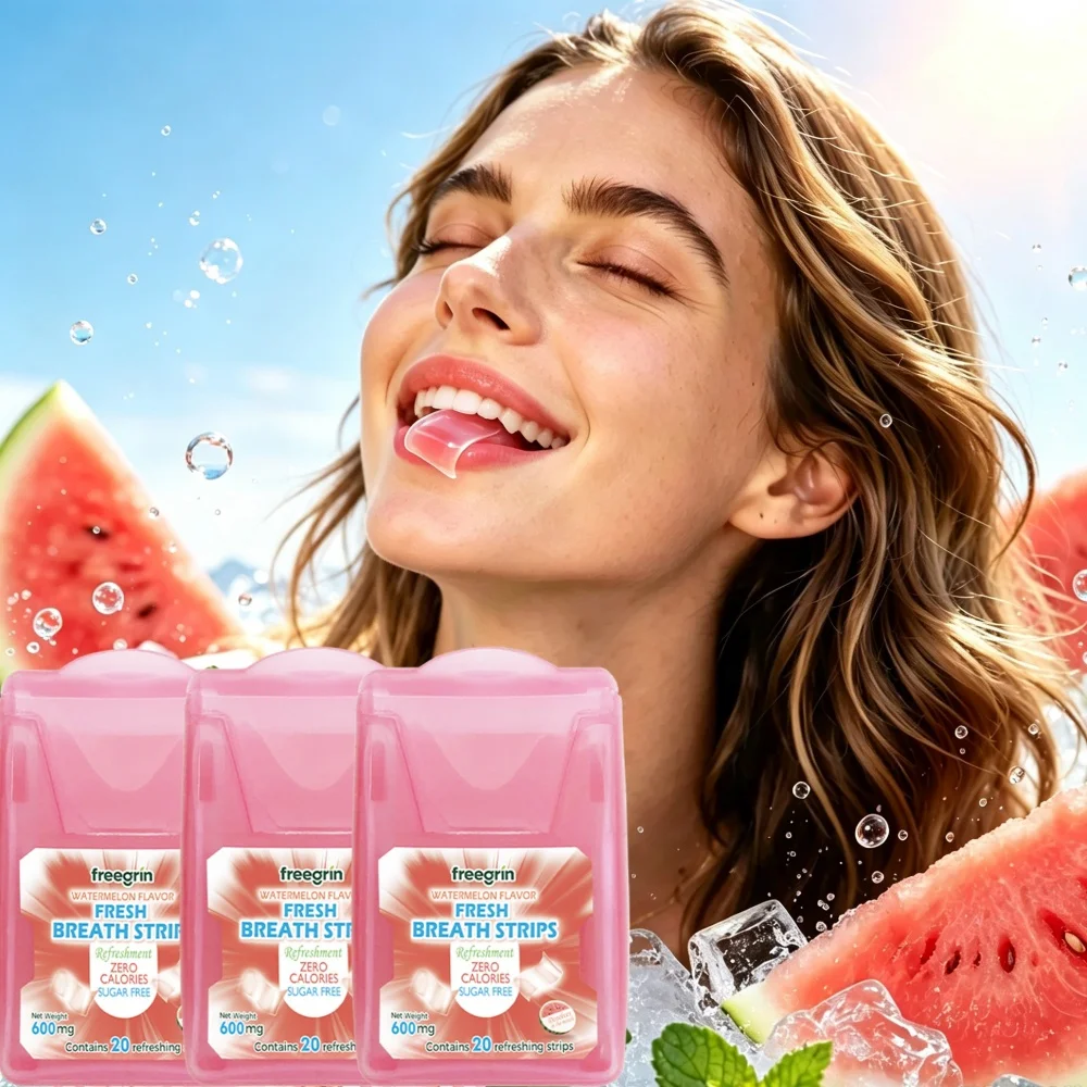 FREEGRIN Cool Watermelon Fruit Flavor Pocketpaks Fresh Breath Strips Sugar-Free Dissolving Strips 20 Strips Per Pack Portable