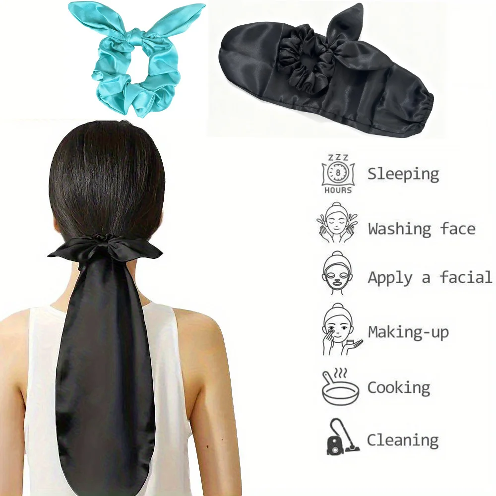 Cute Rabbit Ear Headbands for Women Girls Knot Hairbands Satin Bunny Elastic Head Bands Ponytai Headwrap Bowknot Hair Accessory image 5