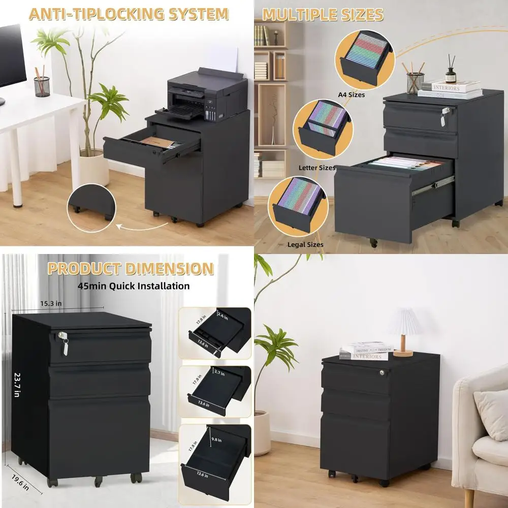 

Мобильный шкаф для документов с 3 ящиками для домашнего офиса – форматы Letter/Legal/A4/F4, под стол, с защитой от опрокидывания, на колесиках, требуется сборка