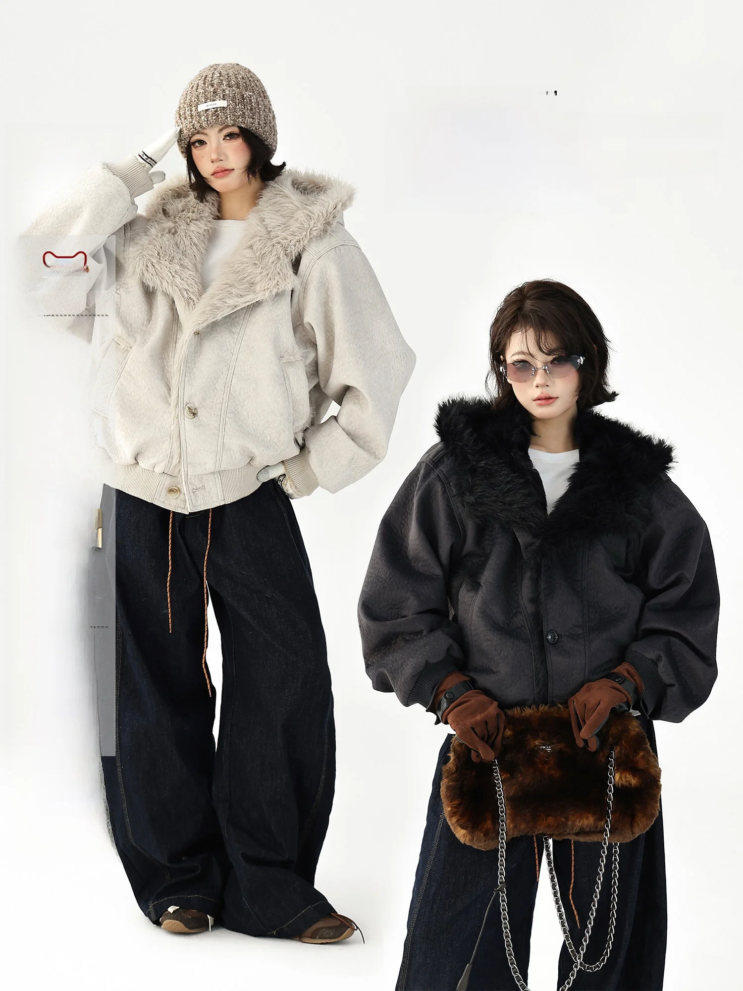 

AceStudios American Retro Sle Women's Loose Fit Thiened Jaet with Fur Collar Splicing Design Eco-friendly Cotton Coat