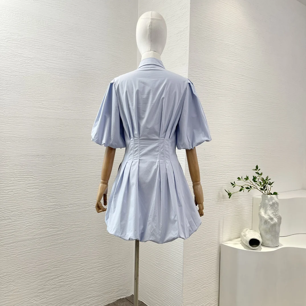 New 2024 Spring Summer High Quality Light Blue Lantern Half Sleeve Puffed Hem Yellow Mini Dress for Women