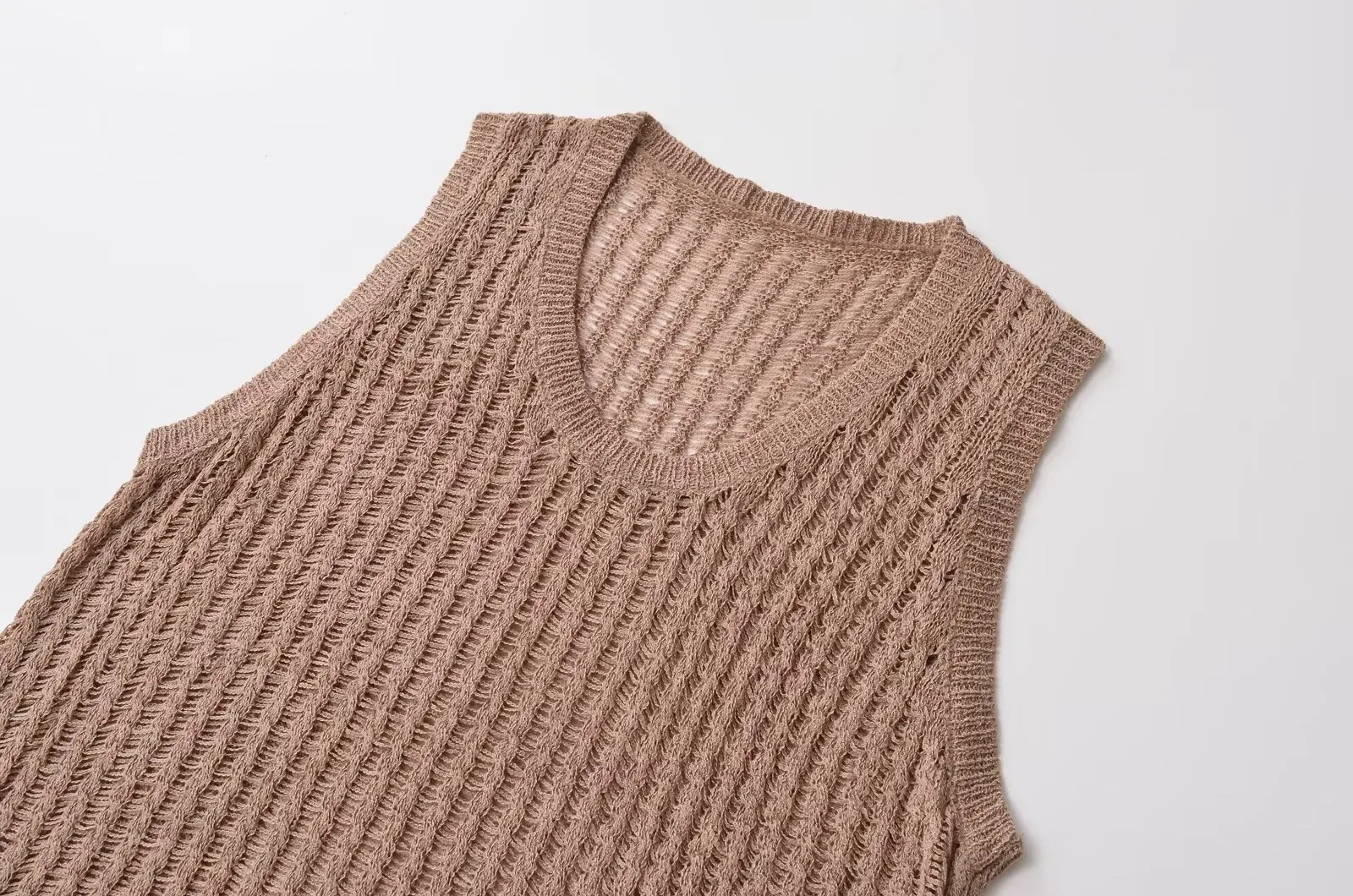 Dave&Di French Country Style Lazy Women'sSweater Champagne  Knitted Color Hollow Loose Knitted Vest Top For Women