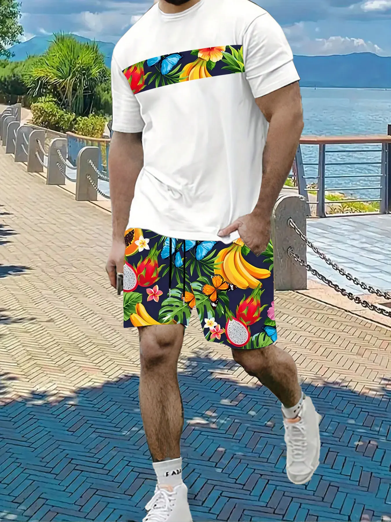 

Men's Summer 3D Quick Dry Loose Fit Breathable Comfortable Beach Tropical Fruit Plant Print Short Sleeve Drawstring Shorts Set