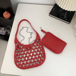 Bolso de hombro de cuero ahuecado para mujer, Bolsa de axila tejida hecha a mano de gran capacidad, conjunto de 2 piezas