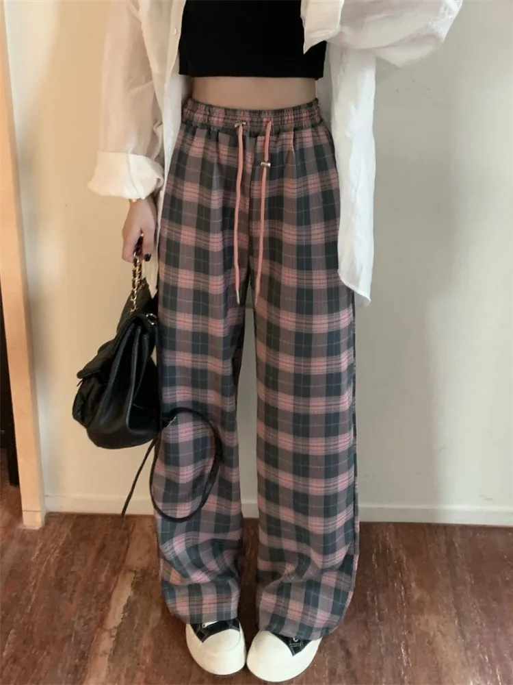 

Korean Fashion Plaid Pants Women Y2K Vintage Oversized Wide Leg Checkered Trousers Harajuku Jogging Sweatpants