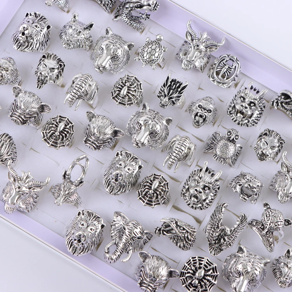 10/20/30/50pcs/Lot New Fashion Vintage Punk Unique Elephant Tiger Animal Finger Rings For Women Men Hip Hop Jewelry Party Gifts