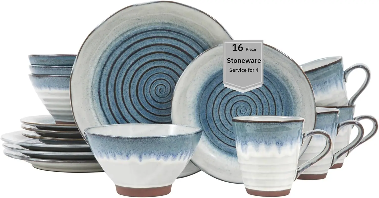 

Набор столовой посуды из керамогранита белого/синего цвета на 4 человека, наборы больших кружек, тарелок и мисок с вихревым дизайном, прочная керамика D