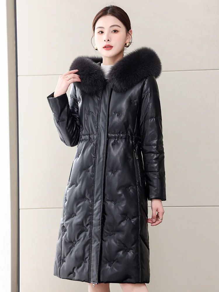 New Women Hooded Leather Down Coat Winter Fashion Casual Real Fox Fur Collar Thick Warm Long Sheepskin Down Coat Split Leather