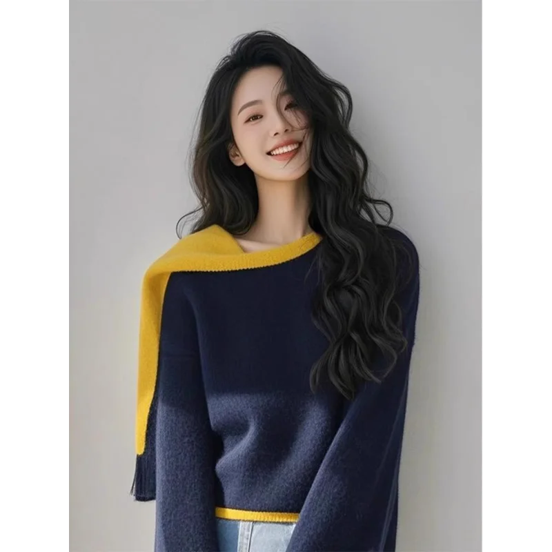 Pull Design de Style paresseux pour femmes, haut à la mode, nouveau col écharpe, pull intérieur tendance, printemps et automne