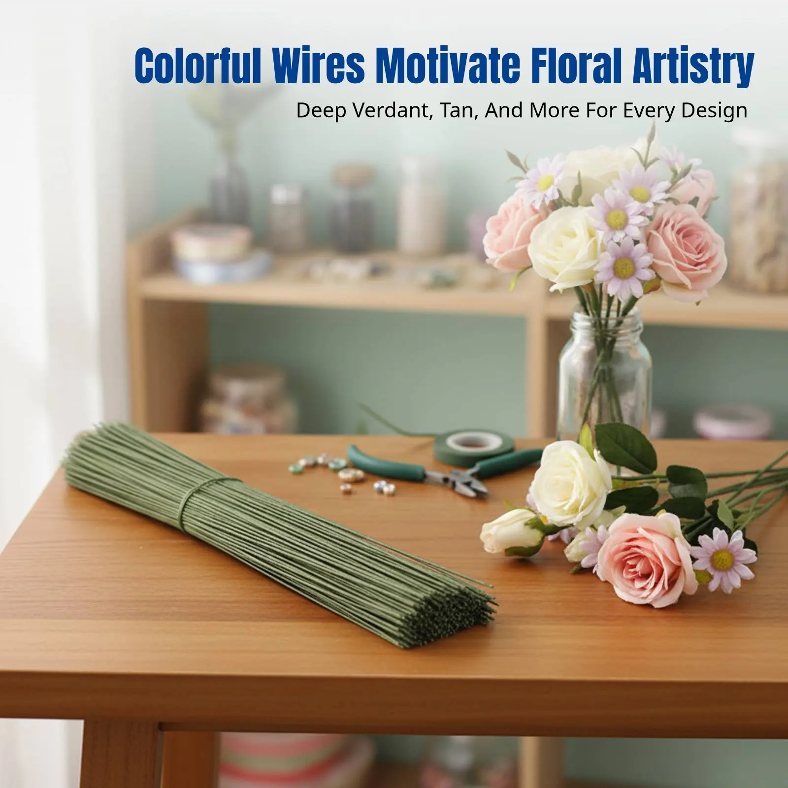 DIY Handcraft Floral Stem Wire, Thin Iron Wire, Paper-Wrapped, Green Tape, Flower Arrangement Supplies