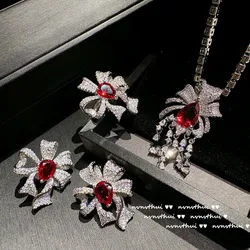 925 Sterling Silver Color Exquisite Bowknot Jewelry Sets Female Elegant Dazzling Red Zircon Luxury Wedding Bridal Accessories