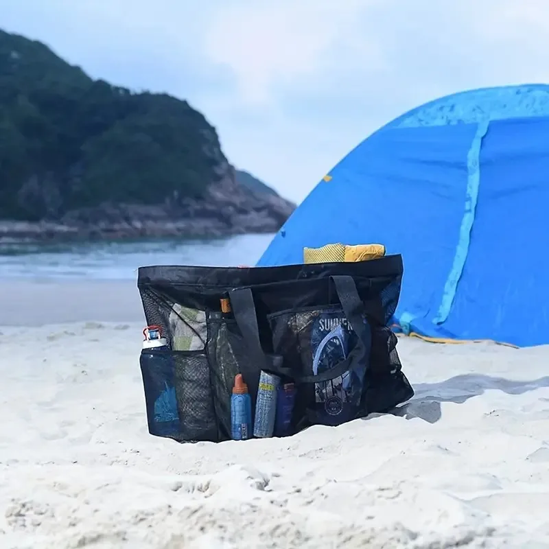 Extra große Strandtasche - Leicht, wasserdicht, faltbar, mit Netzgurten, Reißverschlusstaschen und festen Schultergurten – Detail 6