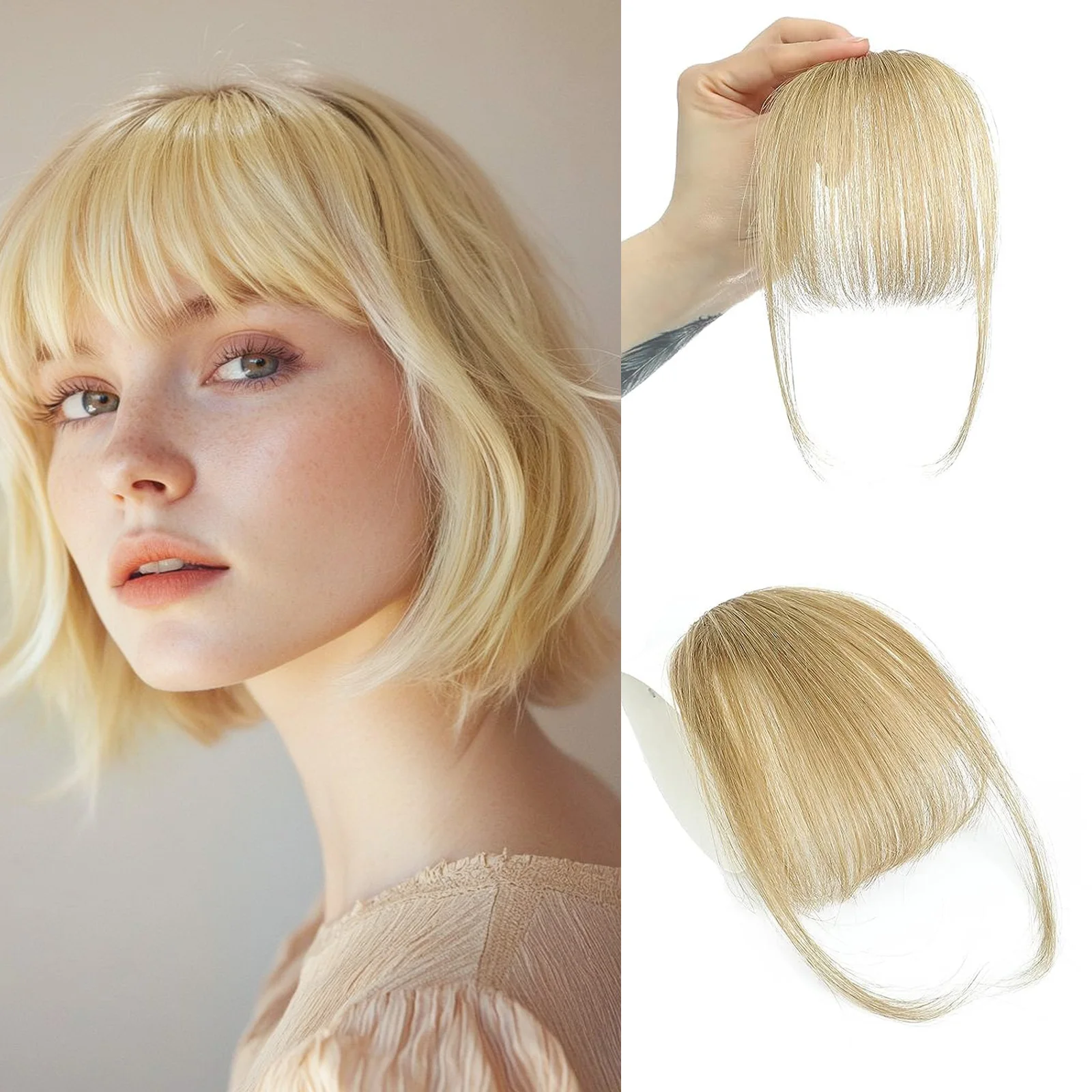 100% Human Hair Wispy Bangs Hair Clip in Blonde Bangs Fringe With Temples Hairpieces For Women Clip on Platinum Air Bang