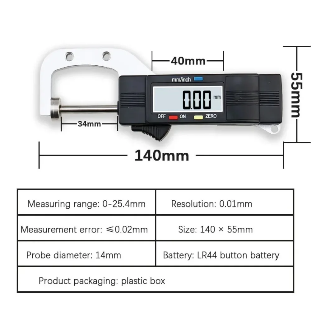 Digital Thickness Gauges Mini Portable Horizontal Electronic Thickness Meter Measurement Tool 0-25.4mm Caliper 0.01mm Resolution