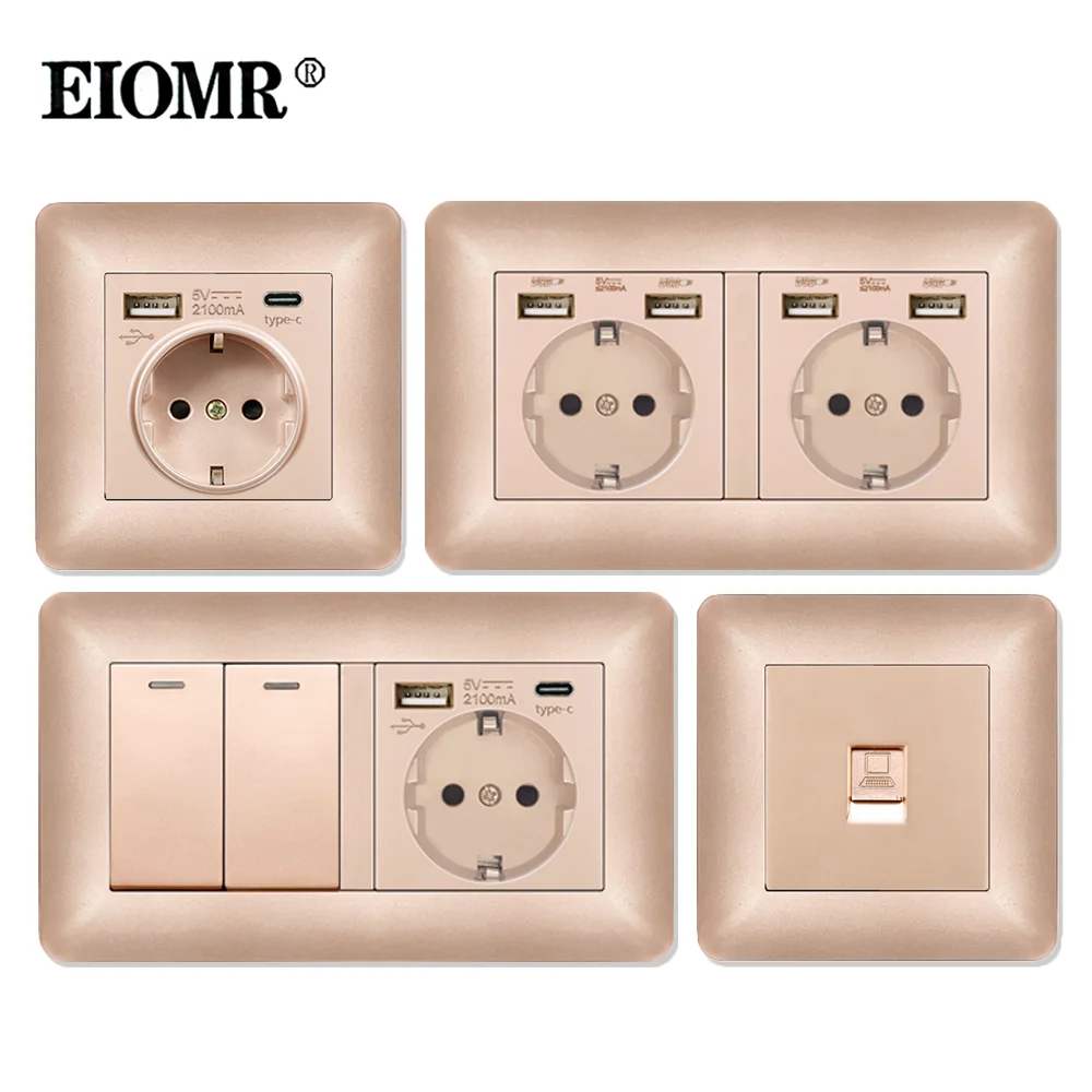 

EIOMR Одностенная розетка с USB-портами Type-C Двойная розетка Изогнутая огнестойкая панель для ПК 16A Gold Розетки стандарта ЕС