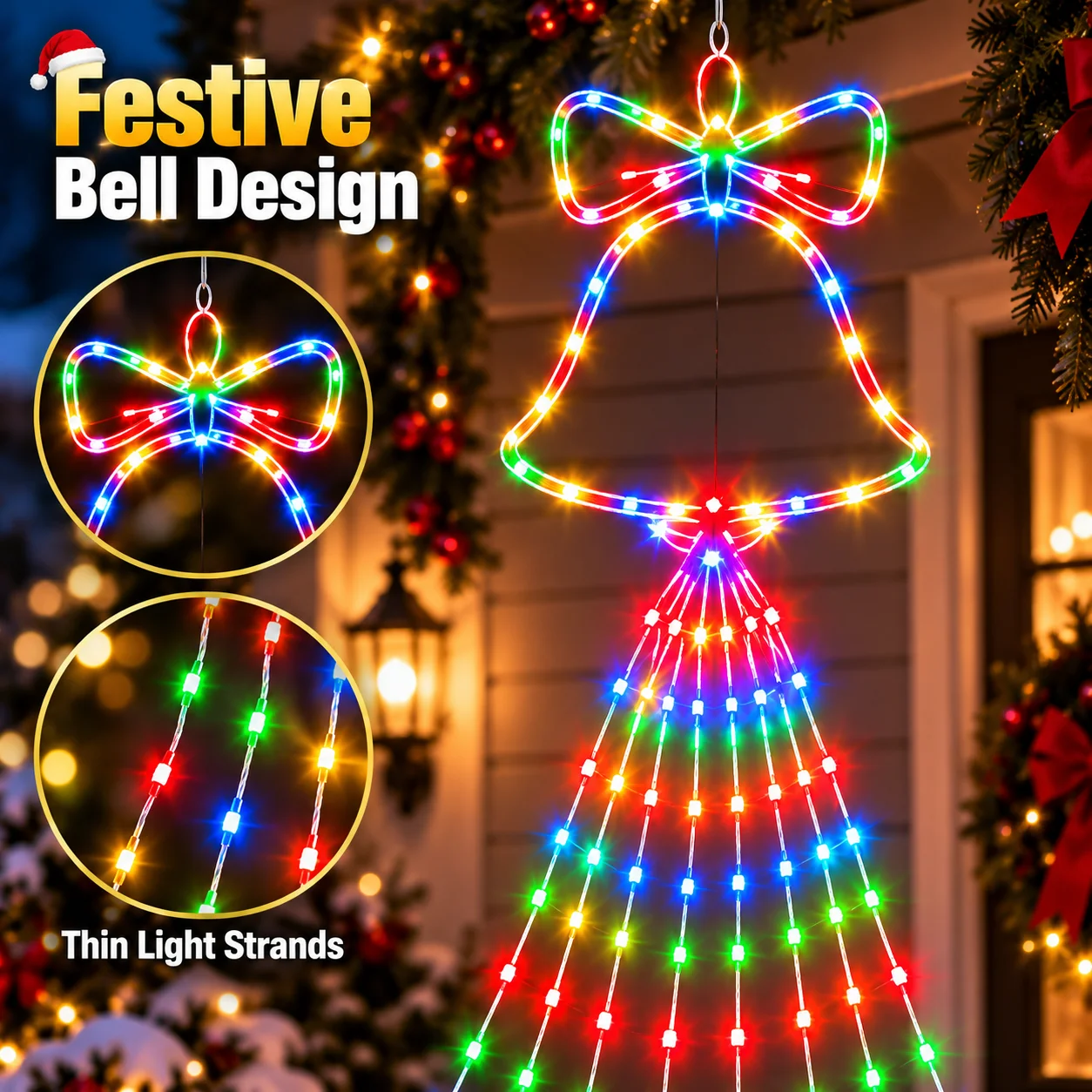 Christmas Bell Waterfall Lights Solar Powered 200/290LED 8 Modes Multicolor for Garden Patio Fence Tree Party Holiday Decor
