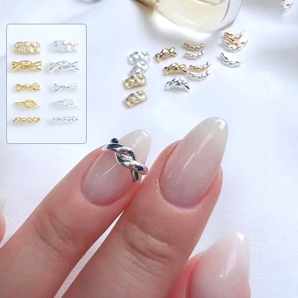 10pcs 3D Alloy Twist Nail Art Charms Chrome Gold/Silver Metallic Rope Knot Nail Stud Rivet Decoration DIY Manicure Nail Supplies