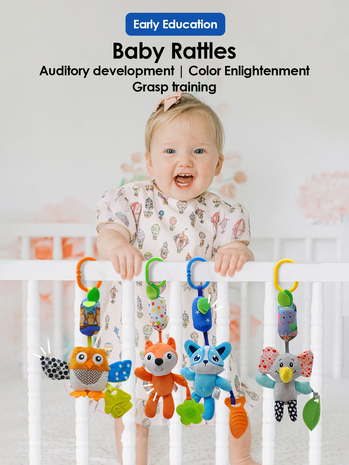 1 passeggino in peluche in rattan neonato giocattolo con ciondolo animale del fumetto, giocattolo sensoriale per bambini precoci, ciondolo confortevole per seggiolino di sicurezza per bambini