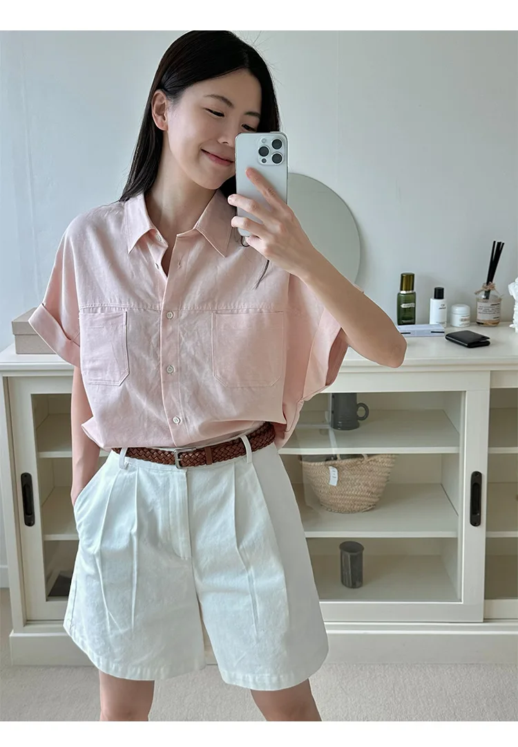 Summer women's casual solid color lapel short sleeved loose fitting shirt