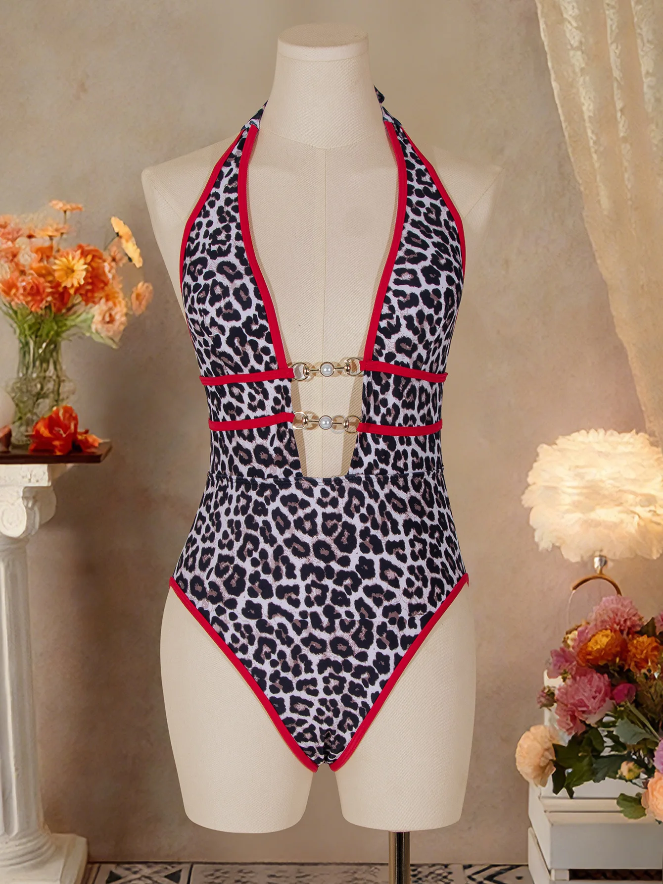 

sexy leopard print beads swimsuits one piece halter tie backless bikinis swimwear bodysuits women biquini bathing suits tankini