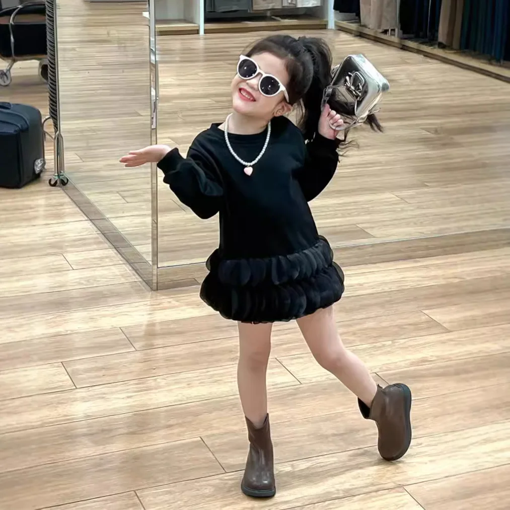 Korean Children's Clothing Girls Sweater Skirt 2024 Autumn Style Foreign Style Double Petal Hem Splicing Tutu Cake Dress