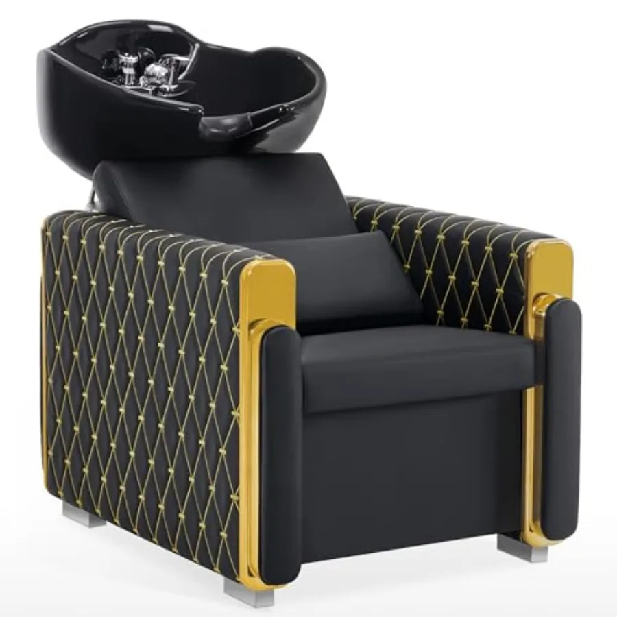 

Backwash Shampoo Station Chair, Porcelain Ceramic Bowl Sink Unit for Hair Stylist, GoldandBlack Shampoo Chair with Vacuum Break