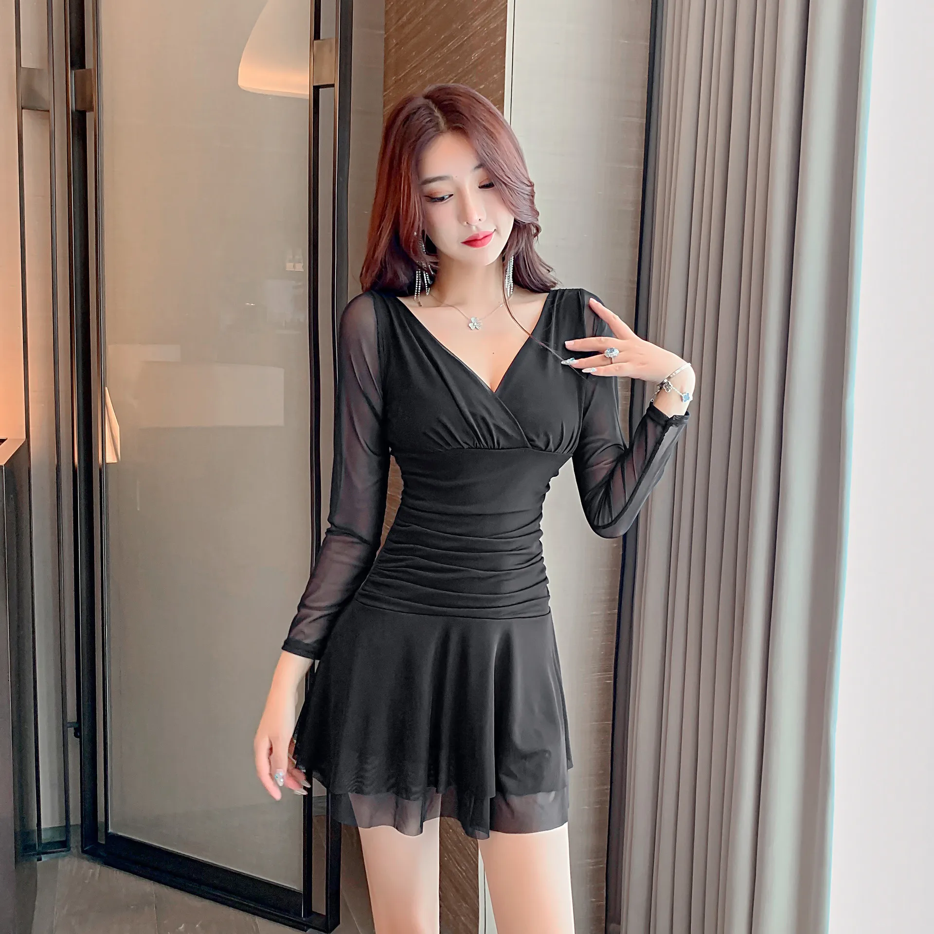 Fashion New Spring Summer Office Lady Deep V-Neck Long Sleeve Dress Sexy Girl A-linePleated Mesh Hip Skirt Woman Party Clothes