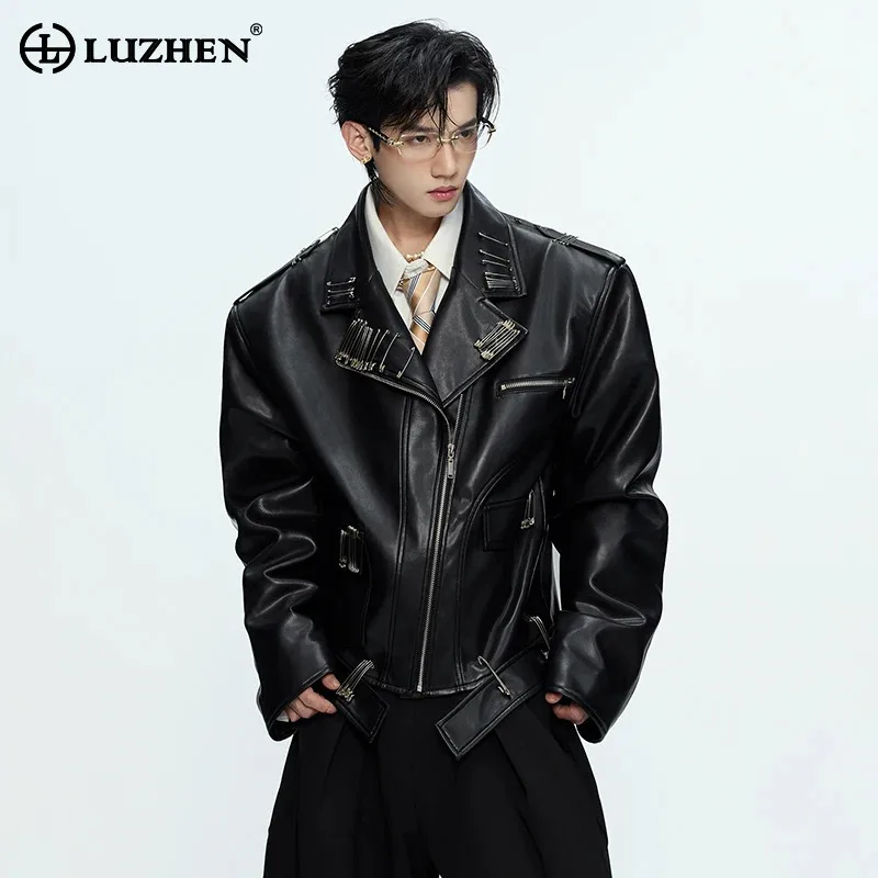 

LUZHEN Decorate Stylish Metal Asymmetric Slant Pin Zipper Leather Design Coat Men's 2025 Autumn Embroidery Pattern Jacket JY5812