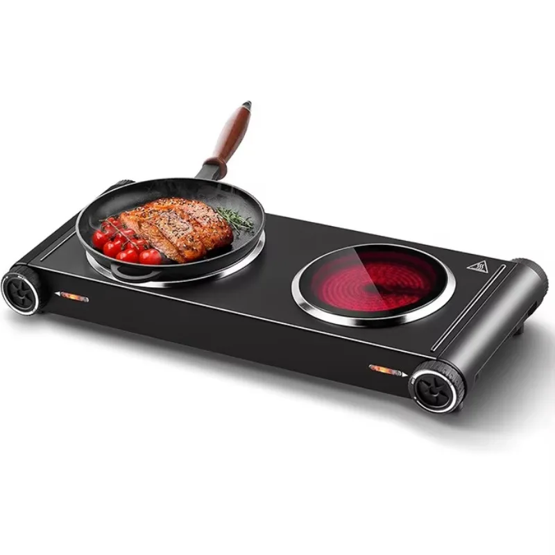 Electric Portable Solid Hotplate with 2 Burners Coil Heating Automatic Shut-Off Stainless Steel for Household Use