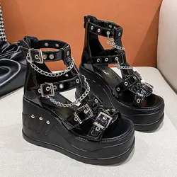 10cm Wedges High Heels Women's Sandals Height Increasing Peep Toe Shoes Summer Gothic Buckle Platform Sandals Women Cool Boots