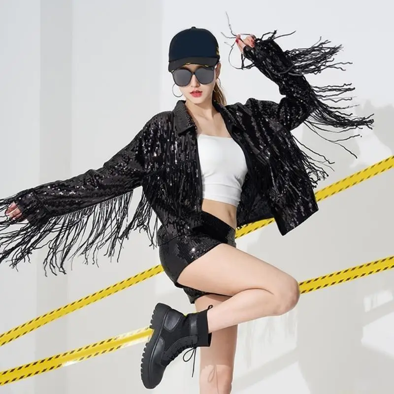 31BF Women's Sparkly Sequins Fringe Long Sleeve Short Jackets with Tassels Open Front Outerwear for Disco Night Cowgirl Top