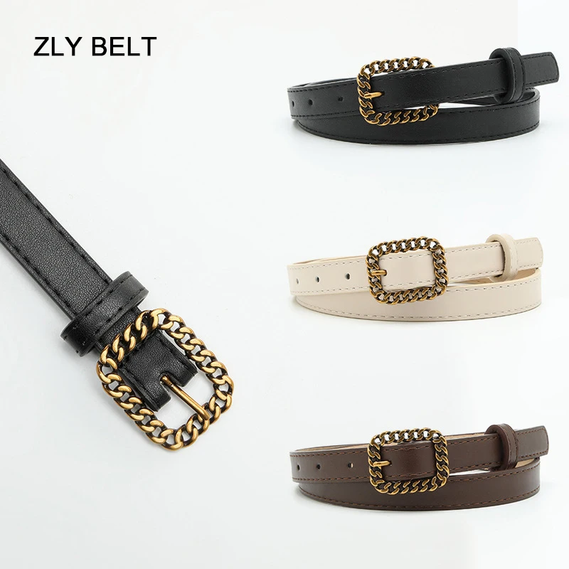 

ZLY 2023 New Fashion Belt Women Men Slender Type PU Leather Chains Metal Pin Buckle Jeans Dress Casual Style Solid Vintage Belt