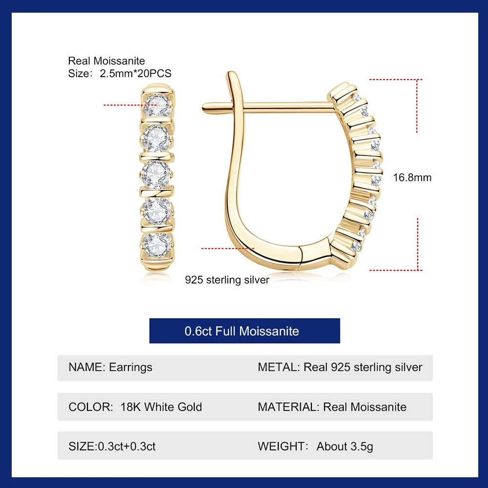 2.5mm Moissanite Earrings for Women Double Color 925 Sterling Silver Hoop Earring Sparkling Lab Diamond Ear Buckle Fine Jewelry