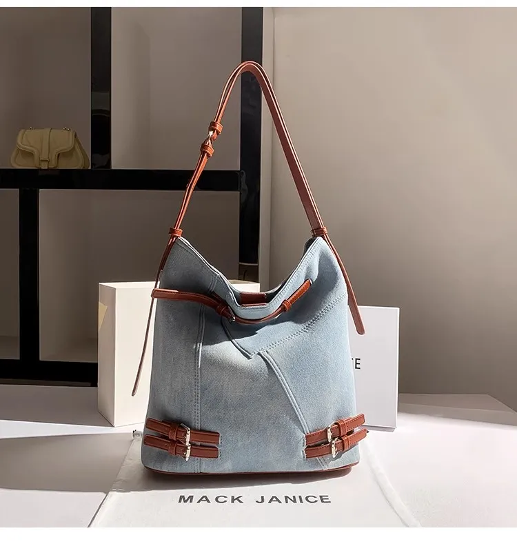 High Quality Women\'s Handbag Blue Denim Fashion Bucket Bag Large Capacity Shoulder Messenger Bag Lady Purse Female Casual Bag