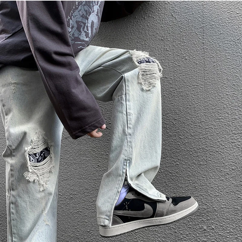 

Модные мужские джинсы с высокой талией, на молнии, с эффектом потертости, прямые, длинные, повседневные, молодежный стиль