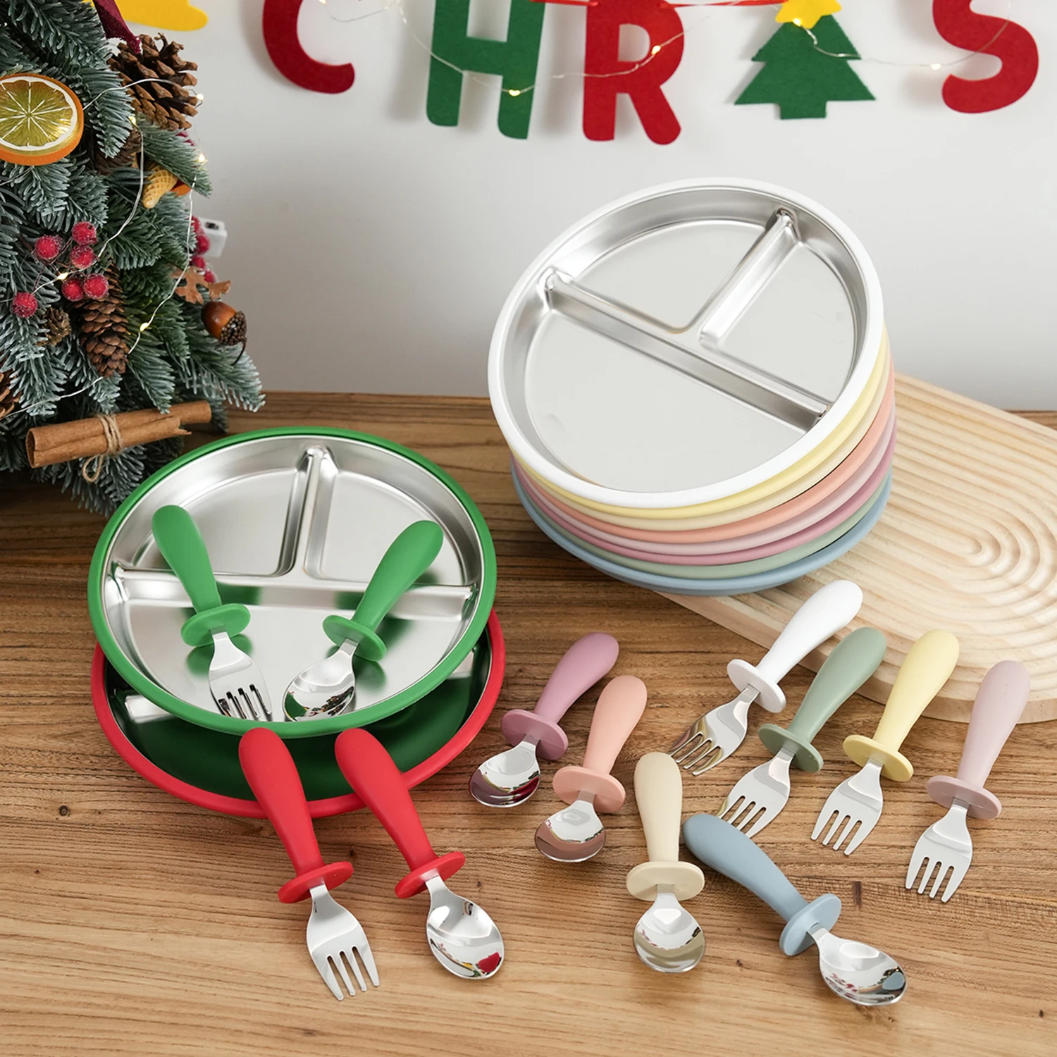 3PCS Baby Stainless Steel Dinner Set With Plate Fork Spoon - Reusable BPA Free Feeding Dish Toddler Training Weaning Tableware