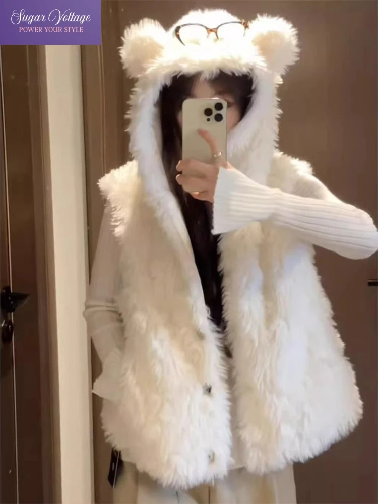 

American Retro Elegant Teddy Bear Ears Hooded Fleece Vest Women Autumn Winter Loose Thick Plush Warm Sleeveless Casual Jacket