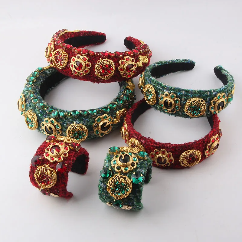 European and American New Fashion Baroque Luxury Palace Style Gemstone Headband Bracelet Set for Women Party Hair Accessories