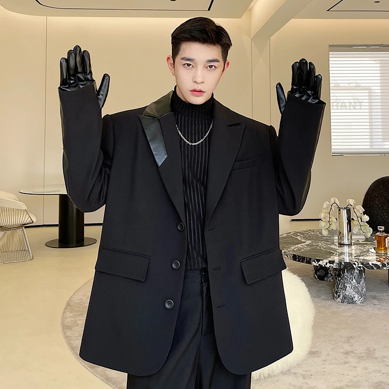 Men Fashion Show Korean Leather Splice Oversize Loose Casual Finger Sleeve Suit Jacket Blazer Man Vintage Streetwear Blazer Coat