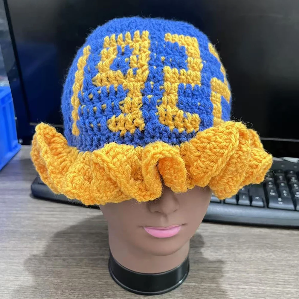 5pcs SGRho 1922 yellow blue Ruffled Crochet Bucket Hat