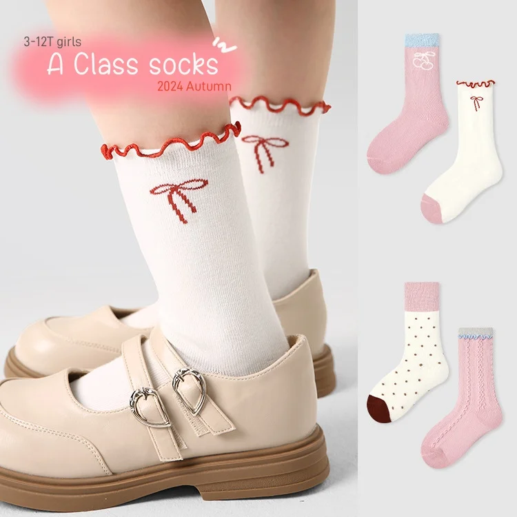 

Autumn Girls Socks Cute Ruffle Pink Bowknots Socks Baby Medium Socks Kids 4 Pairs Cotton Socks