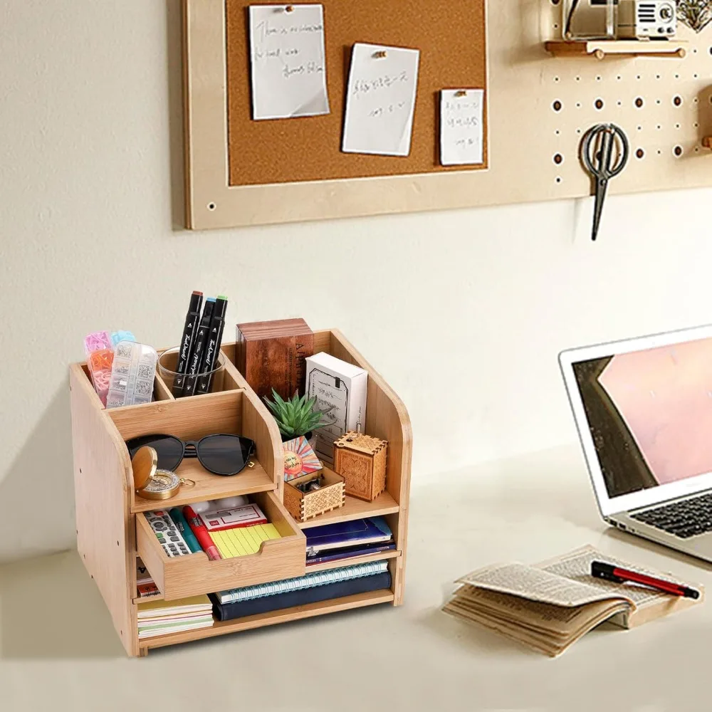 منظم سطح المكتب من الخيزران مع درج، منظم مستندات مكتب خشبي من 3 طبقات مع حامل قلم، تخزين قرطاسية الطاولة O