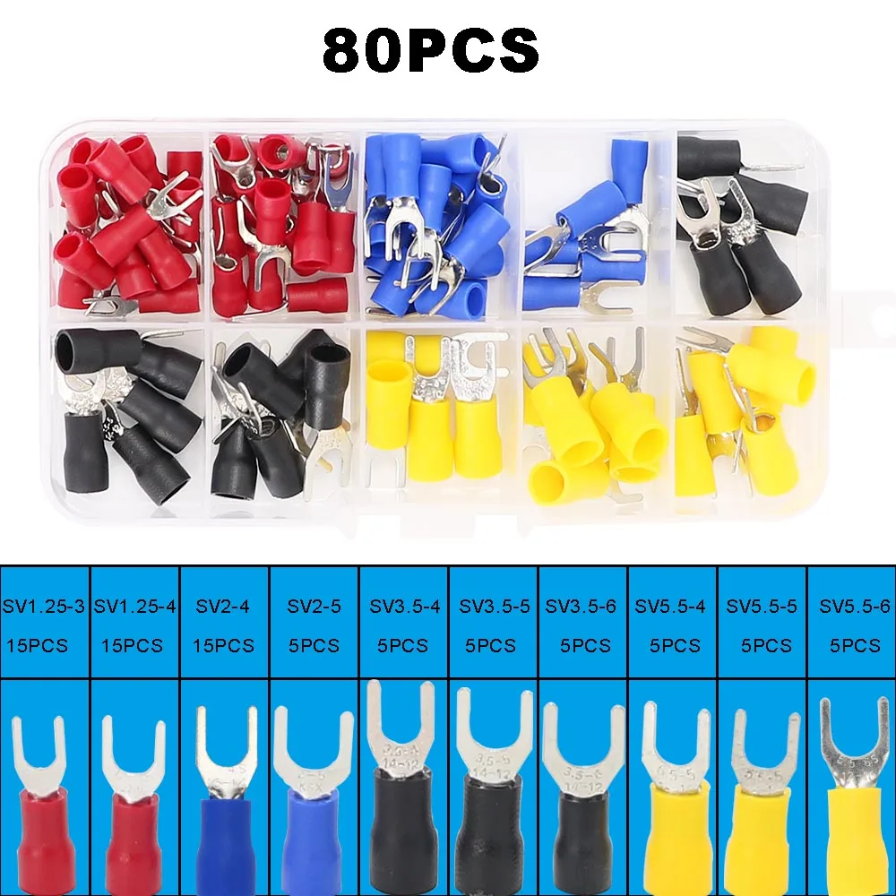 (80PCS SV 10Kinds) Insulated Cable Connector Electrical Wire Crimp Butt Terminals Ring Fork Set Ring Lugs Rolled Kit