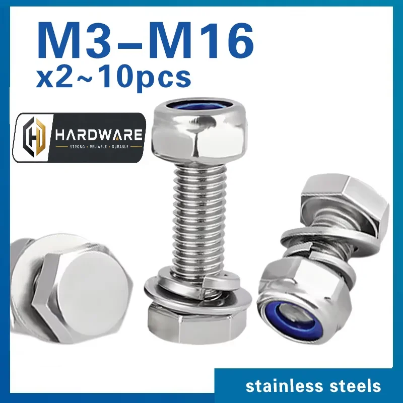Hexagon Head Bolts and Lock Nuts Washers Set Stainless Steel Hex Head Screws With locknut Kit Spring Washers M4 M5 M6 M8 M10 M12
