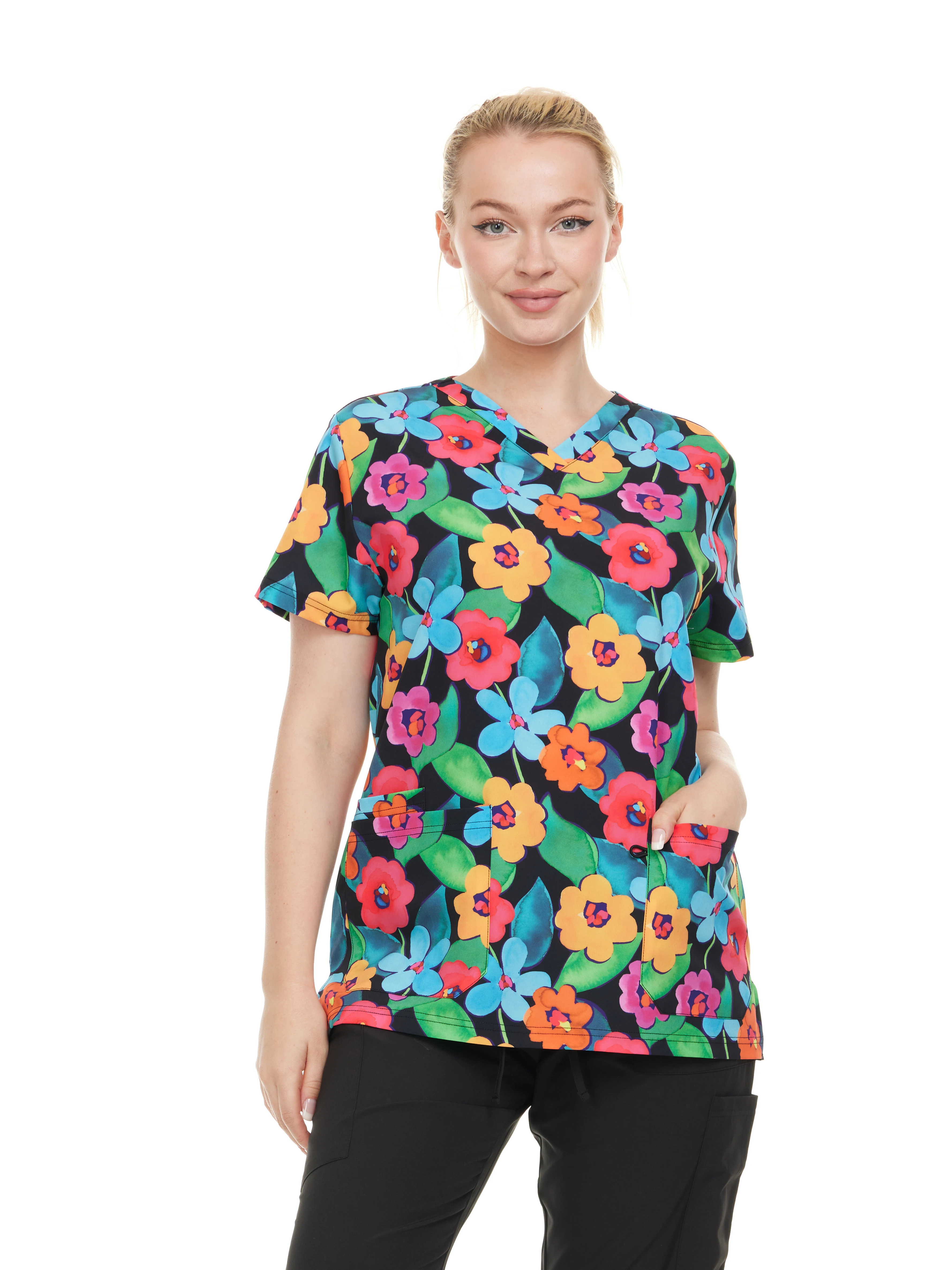 HEAL+WEAR Women's Scrub Top V-Neck Floral Print Multiple Convenient Pockets. 4-Way Stretch Spandex. Wrinkle-Resistant