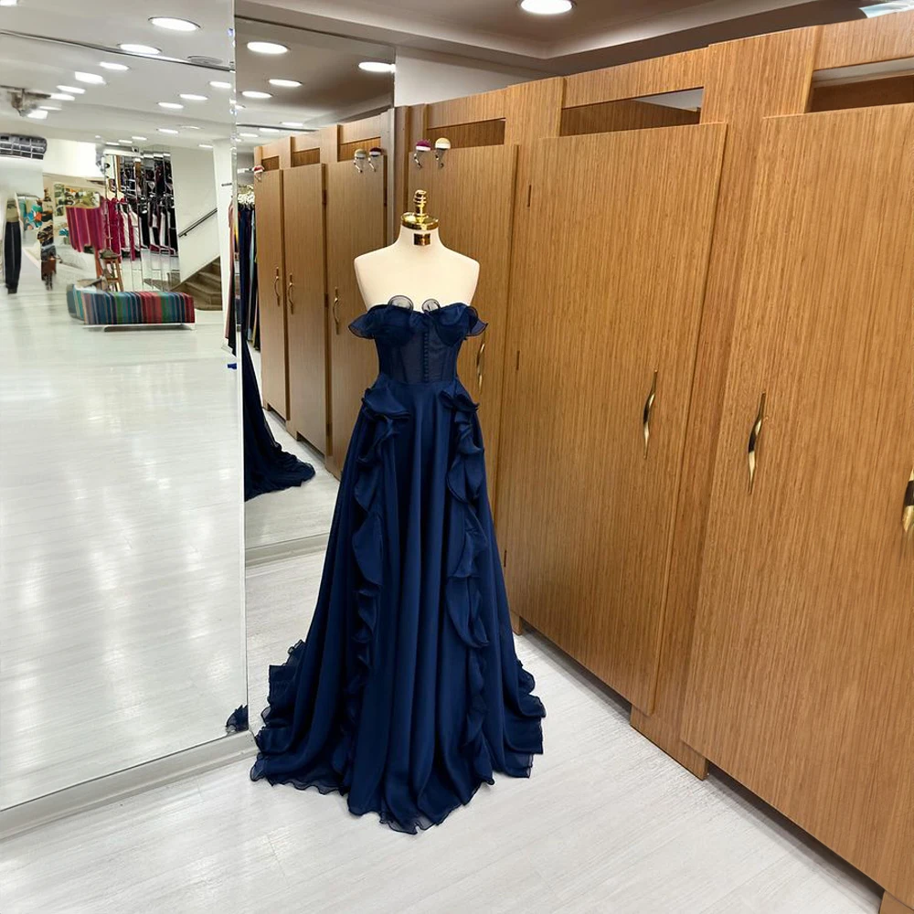 

Chic Strapless Chiffon Pleated Ruffles Evening Dresses for Women A-line Floor-Length Court Prom Evening Gown فساتين طو