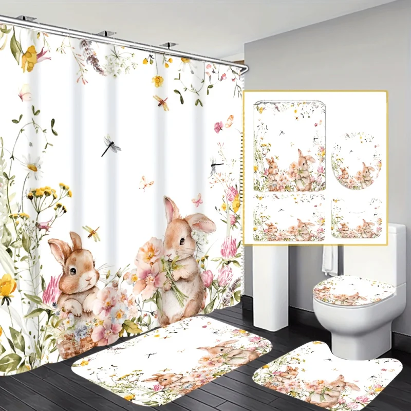 Rabbit Flower Shower Curtain Set with 12 Free Hooks: Includes Waterproof Curtain, Non-Slip Bath Mat, Toilet Seat Cover, Bath Rug
